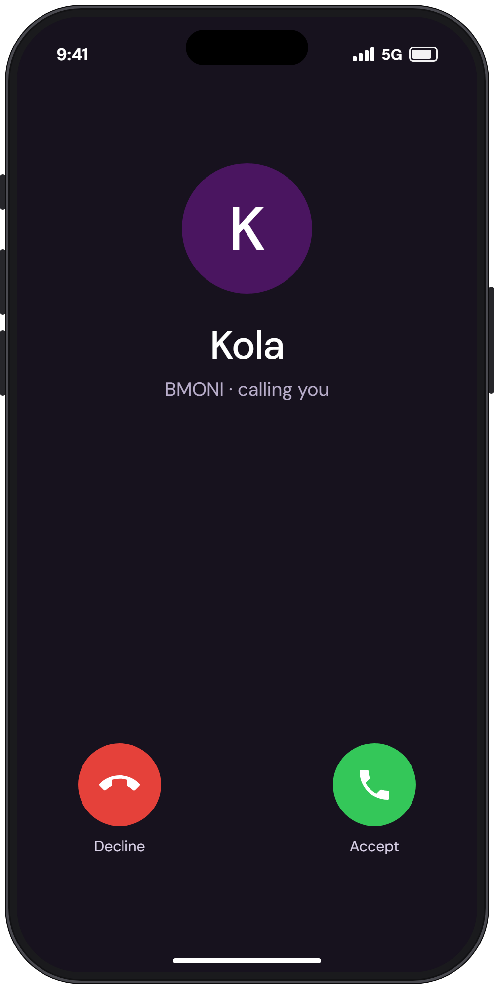 A phone showing an incoming call from Kola. Example data.