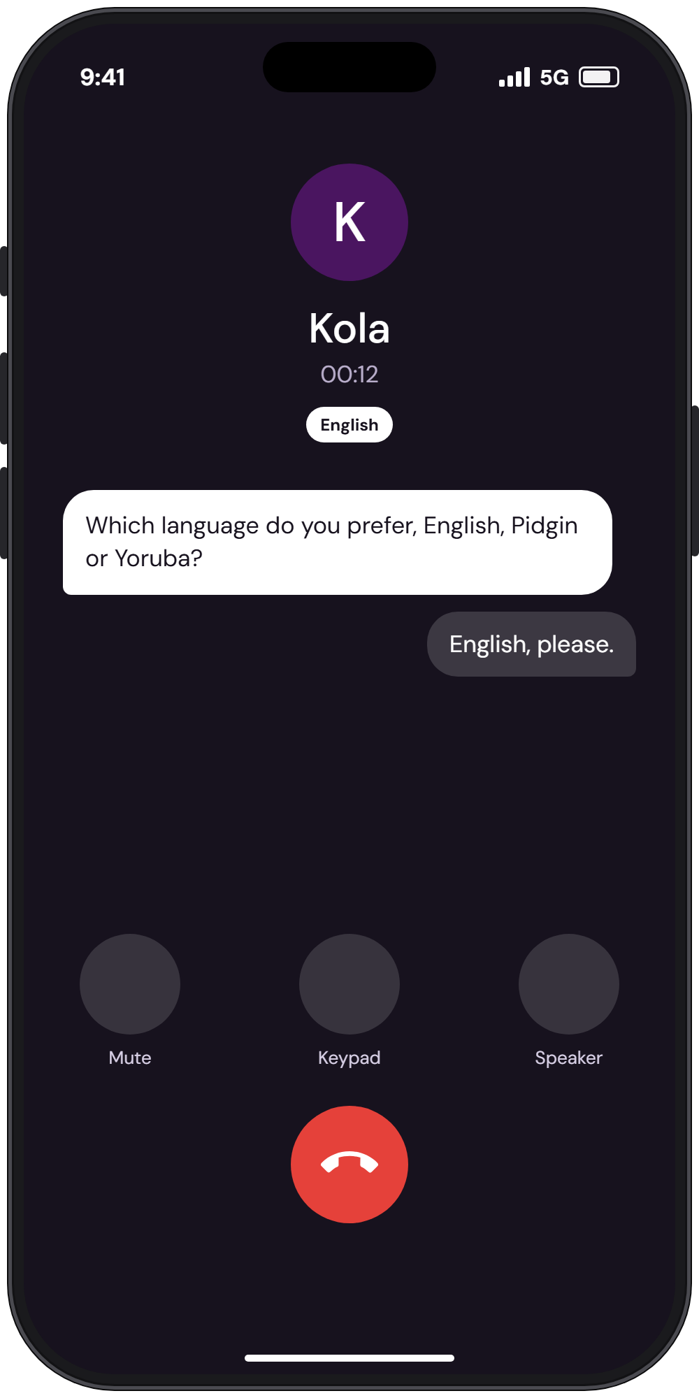 A phone showing Kola asking which language the caller prefers, in English. Example data.